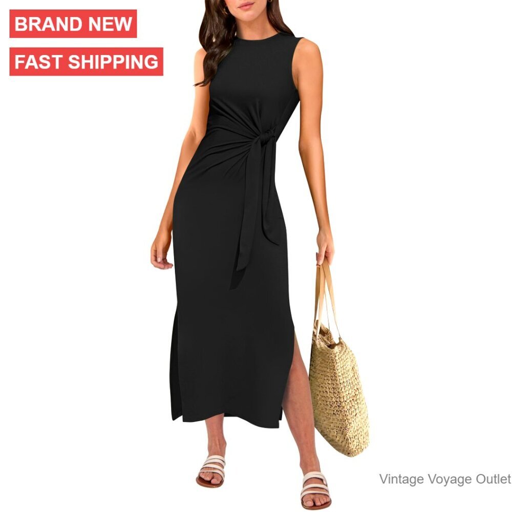 Slim Fit Tie Waist Sleeveless Midi Dress Casual Summer Tank Sundress
